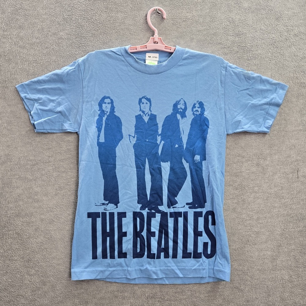 The Beatles Men Shirt S Light Blue Band Portrait Logo Short Sleeve Cotton